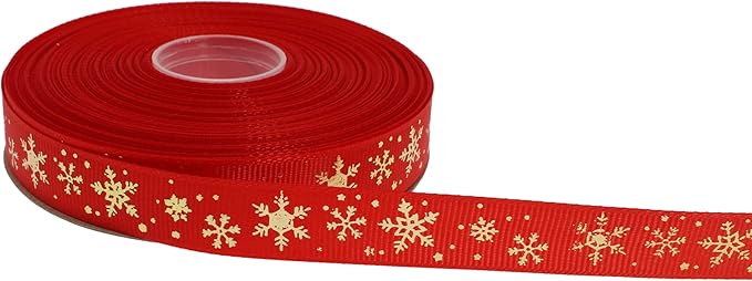 Gold Printing Snowflake Grosgrain Ribbon 25 Yard Each Roll 100% Polyester Woven Edge (5/8", Red)