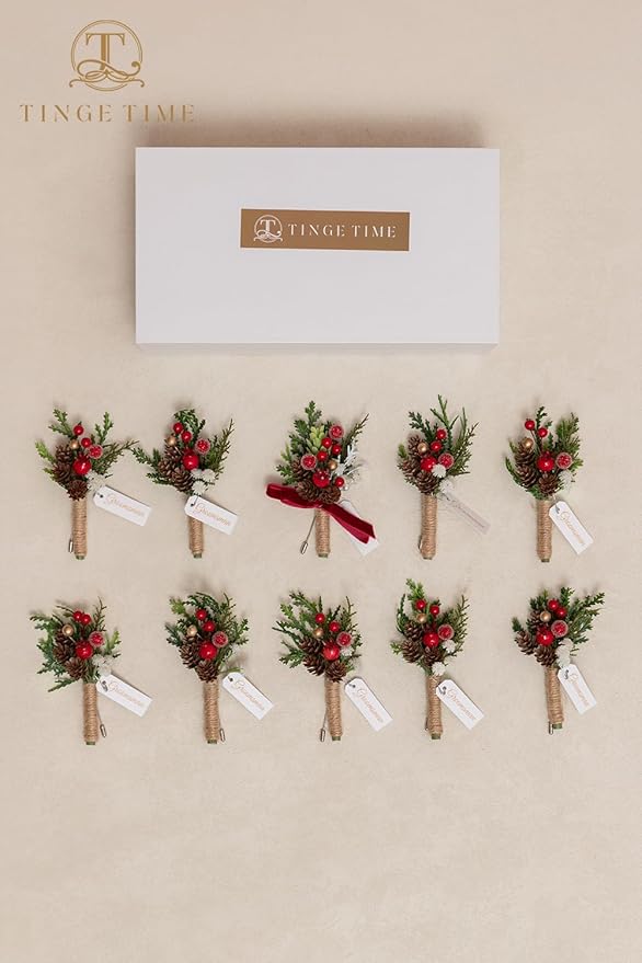 TINGE TIME Boutonniere for Men, Groom and Best Man Boutonniere for Wedding Ceremony Anniversary, Formal Dinner Party and Rustic Xmas Wedding Marriage (Christmas Red)