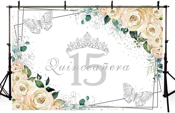SENDY 10x7ft Quinceañera Backdrop Mis Quince 15 Anos Birthday Party Decorations Supplies for Girl Princess White Floral Silver Crown Butterfly Photography Background Banner Photo Booth Studio Props