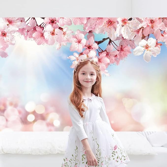 Renaiss 10x6.5ft Cherry Blossom Floral Backdrop Pink Flower Sunshine Bokeh Romantic Nature Scenery Photography Background for Wedding Bridal Shower Birthday Party Decor Photo Booth Props