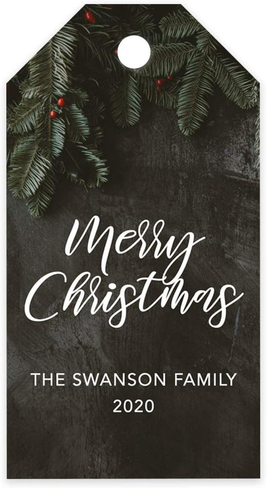 Andaz Press Personalized Christmas Holiday Season Classic Gift Tags, Merry Christmas Custom Family Name and Year, Green Christmas Tree Branch Design, for Holiday Events, Parties, and Favors, 60-Pack