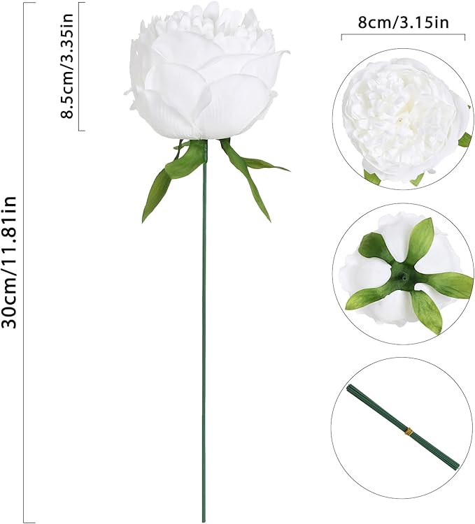 Peony Artificial Flowers 16pcs Fake Peonies Bulk White Silk Flowers Faux Peony Flowers Silk Peonies Heads with Stem Realistic Flowers for Home Wedding Party Festival Decor (Pure White)