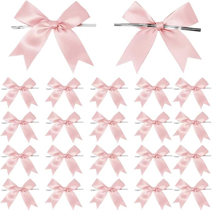 50 Counts Pink Twist Tie Bows 3.1" Pre-Tied Satin Ribbon Bow Decor Mini Twist Tie Bows for Gift Wrapping Treat Bags Cake Bridal Baby Shower Birthday Party Favors Wedding Decorations
