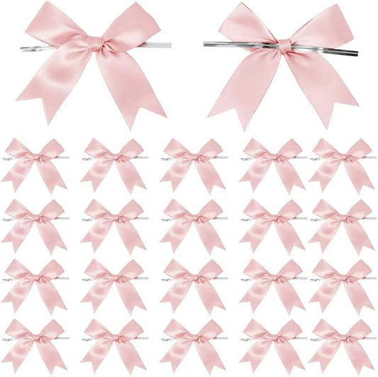 50 Counts Pink Twist Tie Bows 3.1" Pre-Tied Satin Ribbon Bow Decor Mini Twist Tie Bows for Gift Wrapping Treat Bags Cake Bridal Baby Shower Birthday Party Favors Wedding Decorations