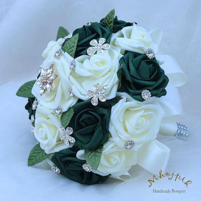Lightweight Bridal Wedding Bouquet Round Holding Bouquet Throw Toss Artificial Rose Flower Bunch for Bride Bridesmaid Wedding Quinceanera (Cream & Dark Green, 9.1")