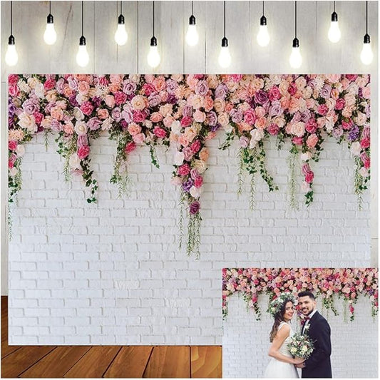 LTLYH 10x10ft White Brick Wall Flowers Background Spring Theme Photography Backdrop for Mother's Day Valentine Wedding Bridal Baby Shower Birthday Party Decor Banner Portrait Photo Booth Prop 134