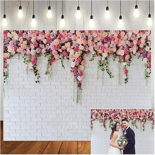 LTLYH 8x8ft White Brick Wall Flowers Background Spring Theme Photography Backdrop for Mother's Day Valentine Wedding Bridal Baby Shower Birthday Party Decor Banner Portrait Photo Booth Prop 134………