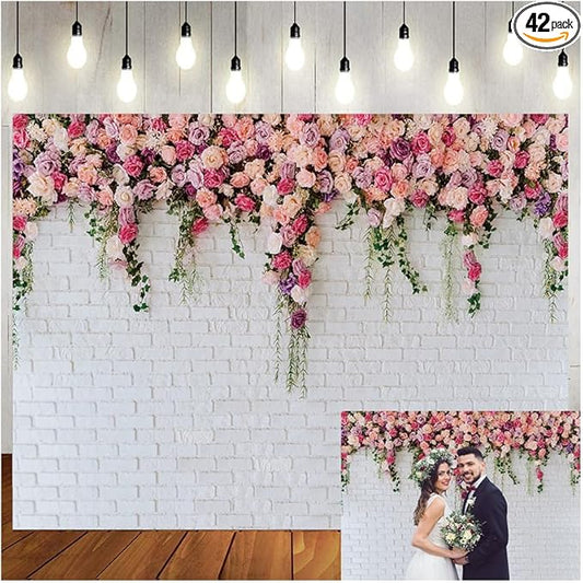 LTLYH 12x10ft White Brick Wall Backdrop Pink Flowers Backdrops Girls Birthday Party Weeding Bridal Shower Anniversary Ceremony Decor 134……