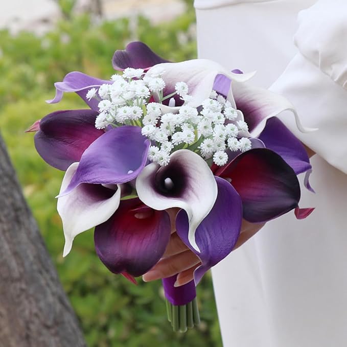S_SSOY Wedding Bouquet Bride,Bride Bridal Bouquet Bridesmaid Artificial Flowers for Ceremony Anniversary Party Bridal Shower Decoration Wedding Bouquets (Purple Calla Lily)