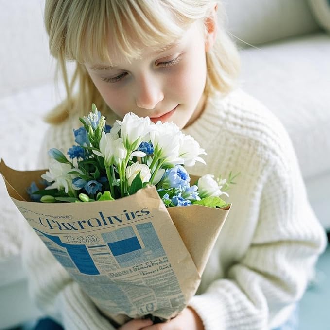 LeZakaa 20 Sheets Kraft Newsprint Flower Wrapping Paper - Reversible Floral Bouquet Paper -Blue Font Kraft Newsprint Design for Valentine's Day, Mother's Day, Parties, Birthdays, Weddings, Baby Shower