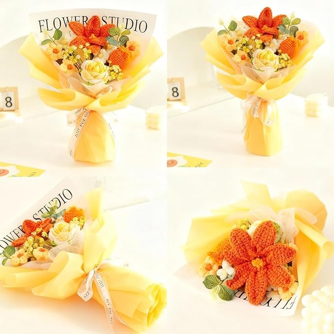 Crochet Flowers Knitted Flower Bouquet Handmade Knitted Rose Tulip Galsang for Birthday Wedding Anniversary Graduation Gift