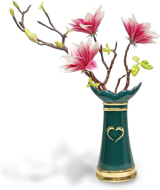 LoveLin Artificial Flowers Pink with Ceramic Vase - Ready-to-Display Home Decor Indoor for Living Room, Dining Table, Office, Wedding & Housewarming, Magnolia Flower & Green Vase