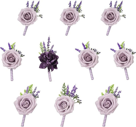 TINGE TIME Boutonniere for Men Wedding - 10pcs Purple Groom & Groomsmen Boutonnieres Set for Wedding Ceremony, Anniversary, Prom, Formal Dinner, Rustic Spring Wedding(Lavender & Plum)
