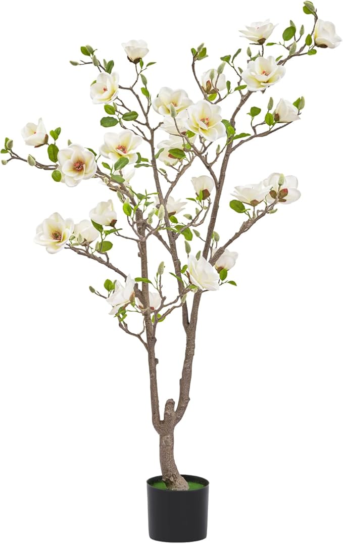 Artificial Magnolia Tree, 4.9 ft Tall Fake Indoor Tree, Faux Magnolia Tree is Realistic Real Touch Leaves and Flowers Perfect for Home Decor, Living Room, Floor and Wedding(White)