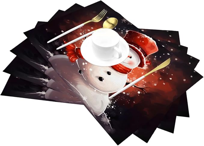 PVC Placemats Set of 6 Wipeable Table Mats Washable Heat Resistant Non Slip Vinyl Dining Table Mat for Kitchen Indoor Outdoor Patio Farmhouse Place Mats Christmas Snowman Red Decorative