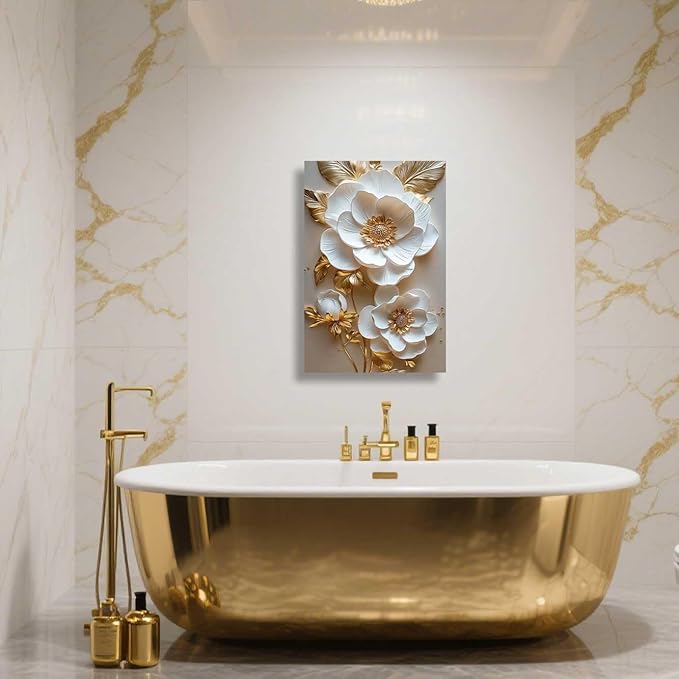 ZSHARTSWD Abstract White & Gold Floral Canvas Wall Art Elegant Flowers Pictures Prints White Flower Golden Leaves Painting Living Room Bathroom Decor Framed (Gold, 20L x 16W)