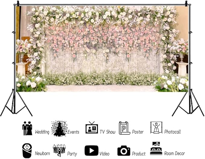 Yeele 20x10ft Wedding Floral Backdrop Pink and White Romantic Flowers Photography Background for Girls Wedding Ceremony Banner Bridal Shower Party Decoration Supplies Portrait Photo Booth Props