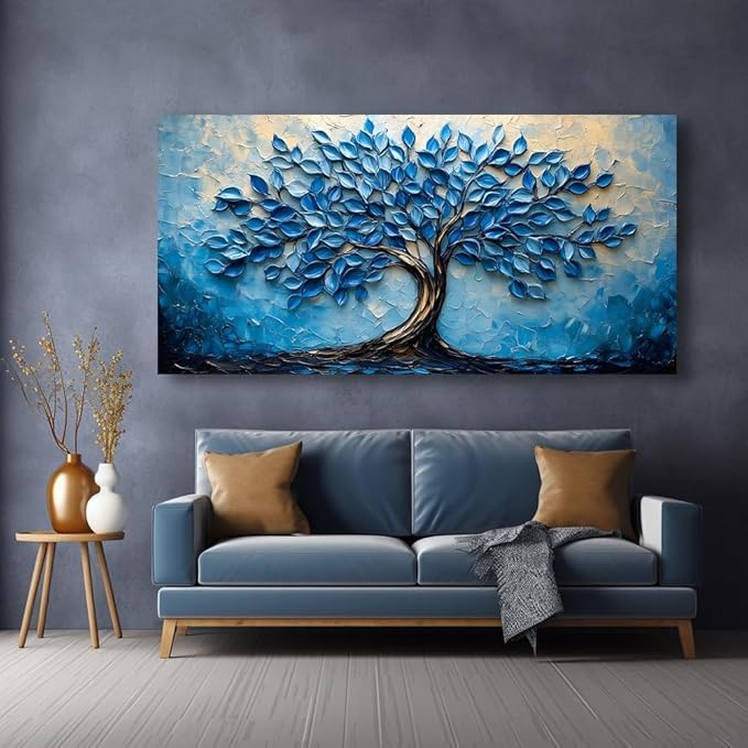 LAVIKARS Modern Tree of Life Wall Art for Living Room Office Navy Blue Abstract Oil Landscape Canvas Painting Prints Large Nature Artwork Home Kitchen Bedroom Decor (20x40 Inches)