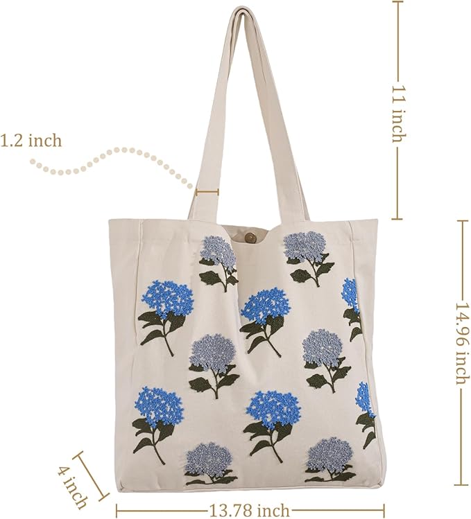 Aesthetic Embroidery Tote Bag for Lady Cute Reusable Canvas Shoulder Bag for Girls Women Shopping Grocery