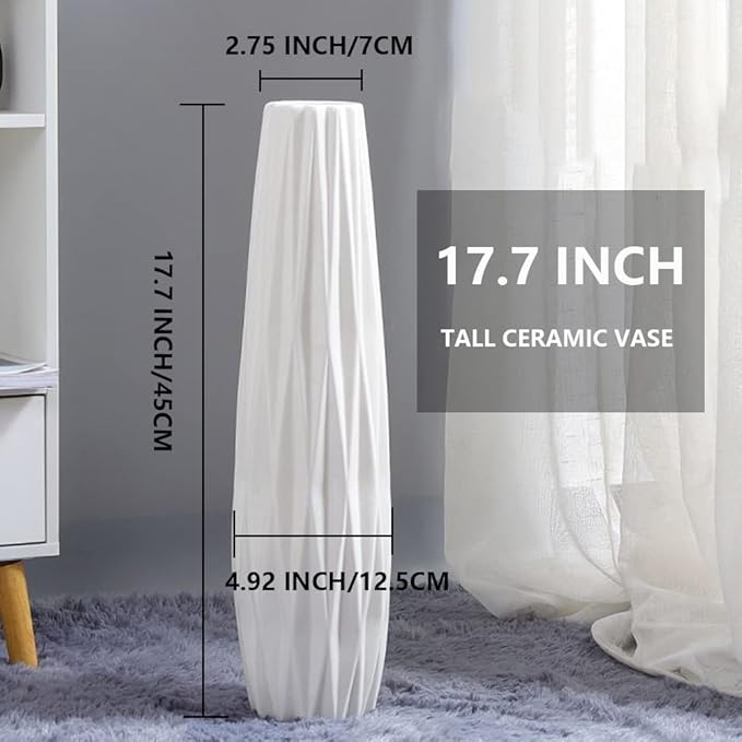 White Ceramic Vase, 17.7" Tall Floor Vase Large Flower Vase Decorative Vases for Modern Home Decor Living Room Office Bedroom Table Centerpieces Shelf Kitchen Wedding Farmhouse Décor