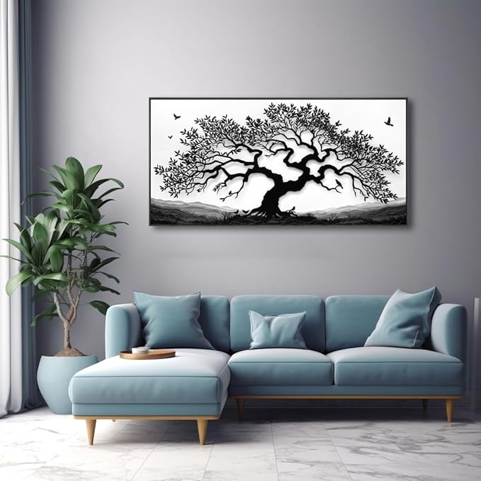 MooMel Wall Art Tree of Life White and Black Abstract Wall Art Canvas Painting for Living Room Bedroom Dining Room Home Office Decor Large Framed Ready to Hang 20"x40"