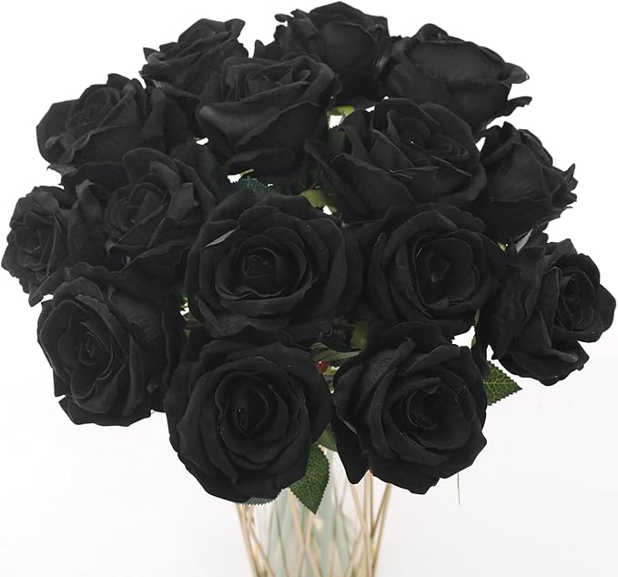 Cloudecor 15Pcs Black Roses Artificial Flowers Fake Roses Long Stem Velet Rose Silk Flowers for Home Wedding Decoration (Round Rose,Black)