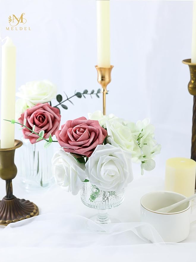 Meldel Artificial Flower 25pcs Real Touch Ivory Fake Foam Roses with Stems for DIY Wedding Bouquets Gifts White Bridal Shower Faux Floral Centerpieces Arrangements Home Party Tables Decorations