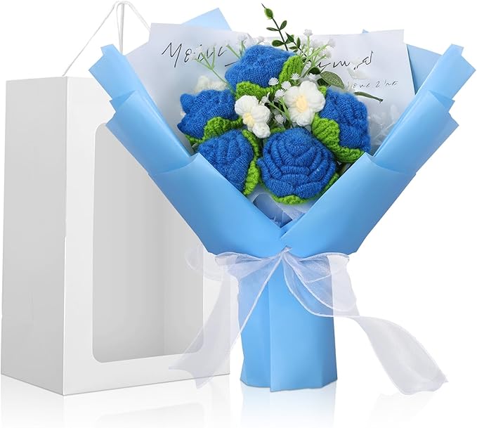 Foyucool Crochet Flowers Bouquet, Handmade Knitted Rose Bouquet with Gift Bag for Home Deocor, Crocheted Finished Flower for Wedding, Mother's Day, Teachers' Day and Valentine's Day, Blue