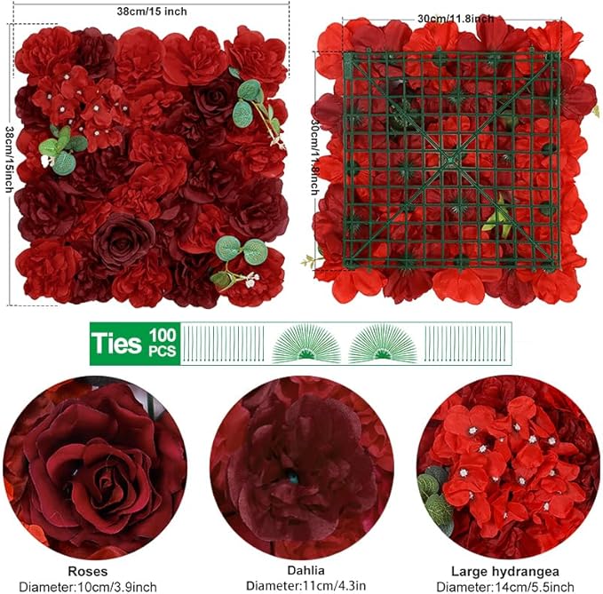 Artificial Flower Panels for Wall Backdrop 12Pack- 3D Floral Mat Silk Rose Hydrangea for Home Party Wedding Birthday Photo Background, Festival & Event Wall Décor（15 * 15 * 6.7inches, Dark Red）