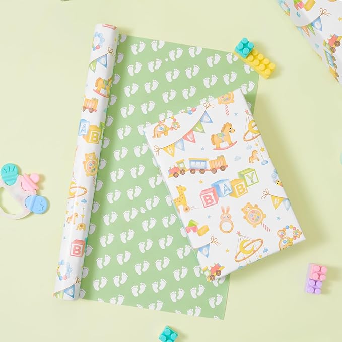 WERNNSAI Baby Shower Wrapping Paper Roll - 1 Roll 17”x 16.4ft Gender Neutral Baby Gift Wrap Newborn Toys Design Gift Packing for Boy & Girl Party Decor Reversible Footprint Print