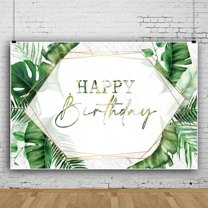 ChloropLastid 5x3ft Tropical Happy Birthday Backdrop Summer Green Palm Leaf Photography Background Hawaiian Birthday Party Banner Decorations for Men Women Portrait Photoshoot Props Supplies