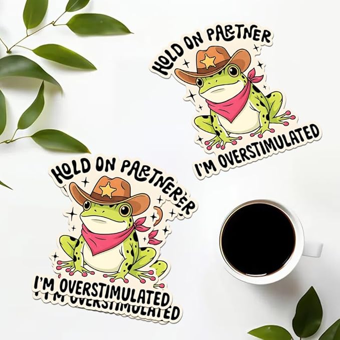 HANDICHI Design 5-Pack 3 Inch Hold On Partner I’m Overstimulated Stickers – Funny Meme Vinyl Decals for Water Bottles, Laptops, Journals, Scrapbooks – Sarcastic Gift for Frog Lovers