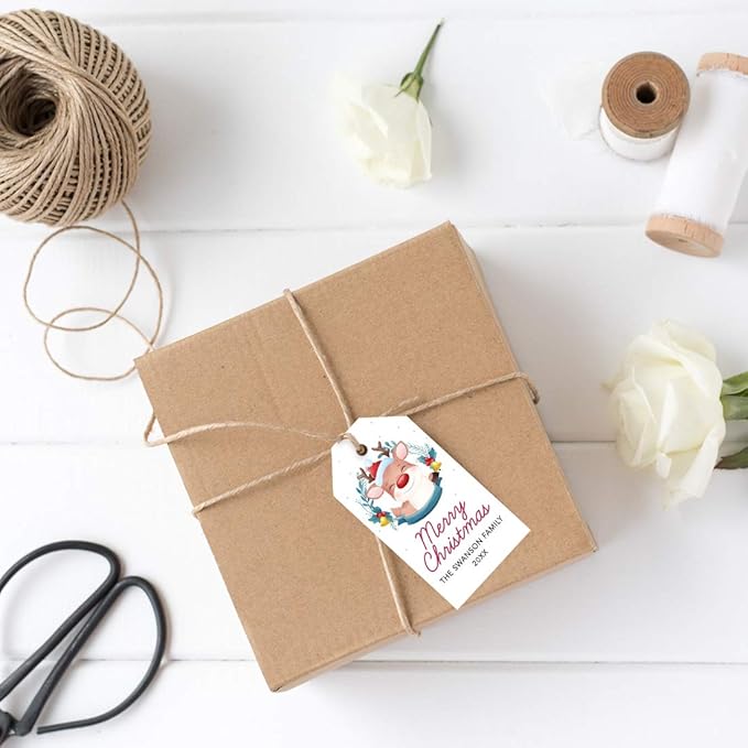 Andaz Press Personalized Christmas Holiday Season Classic Gift Tags, Merry Christmas Happy Reindeer with Santa Hat Design, Custom Family Name and Year, For Holiday Events, Parties, and Favors, 60-Pack