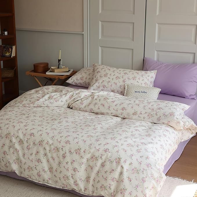 VM VOUGEMARKET Purple Blooming Comforter Set Full 3 Pcs Vintage Pink Flower Down Comforter with 2 Pillowcases All Season Soft & Lightweight Comforter Set for Girls Women 80"x90"