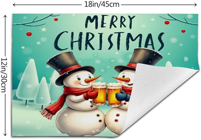 PVC Placemats Set of 4 Wipeable Table Mats Washable Heat Resistant Non Slip Vinyl Dining Table Mat for Kitchen Indoor Outdoor Patio Farmhouse Place Mats Christmas Snowman Beer Decorative