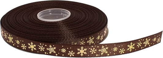 Gold Printing Snowflake Grosgrain Ribbon 25 Yard Each Roll 100% Polyester Woven Edge (3/8", Coffee)