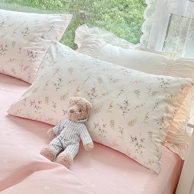 Nayoroom Pink Floral Duvet Cover Full Size Green Botanical Leaf Printed on White Reversible Coquette Bedding Set 3 Pcs Soft Microfiber Spring Cottagecore Comforter Cover with Zipper Closure