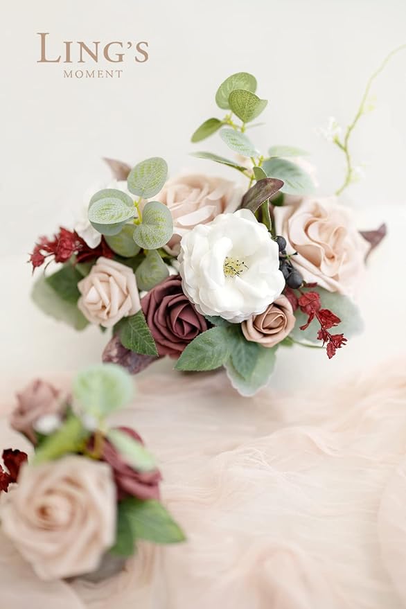 Ling's moment Dusty Rose Artificial Flowers 16pcs Faux Silk Roses with Stems Real Look, 3.5" Fake Vendela Roses Bulk for DIY Wedding Bouquets Centerpieces Party Baby Shower Home Decoration