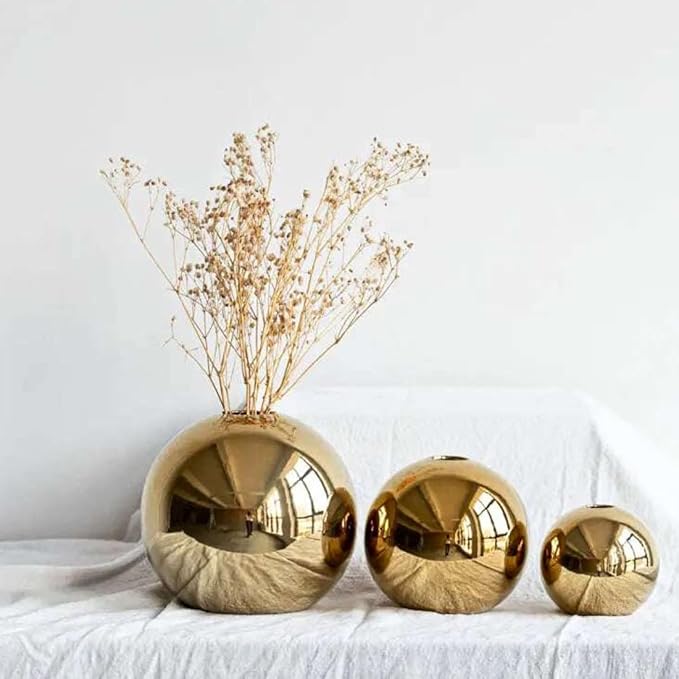 Ceramic Flower Vase for Home Decor – Round Ball Vase for Table, Shelf, Living Room Centrepiece | Modern Decorative Item for Home Office Decor (Gold) (Medium)