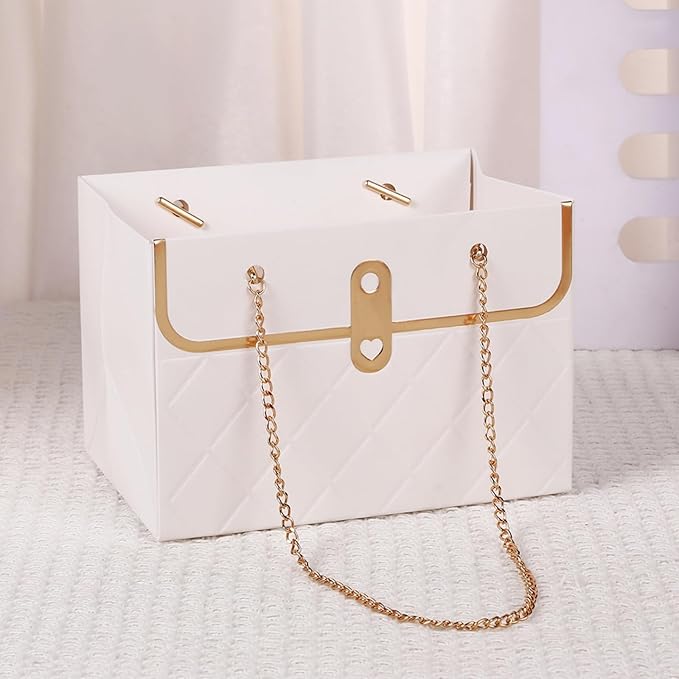 LONG XIN SERIES 12pcs White Elegant Gift Boxes with Metal Chain Present Craft Paper Boxes Portable Flower Bags Rectangular Gift Bags Purse Bag Party Favor for Gift Package (White)