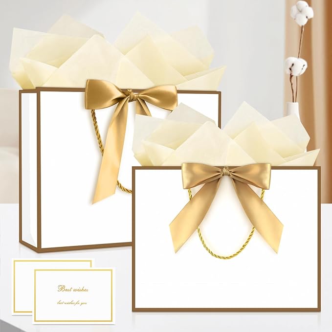 JMANNI Gift Bag, Medium Gift Bags with Tissue Paper, 2Pcs Gift Bags Medium Size with Handle and Bow Ribbon for Any Birthday, Weddings, Mothers Day & Special Occasion 11''x7.87''x4'' (Golden-White)