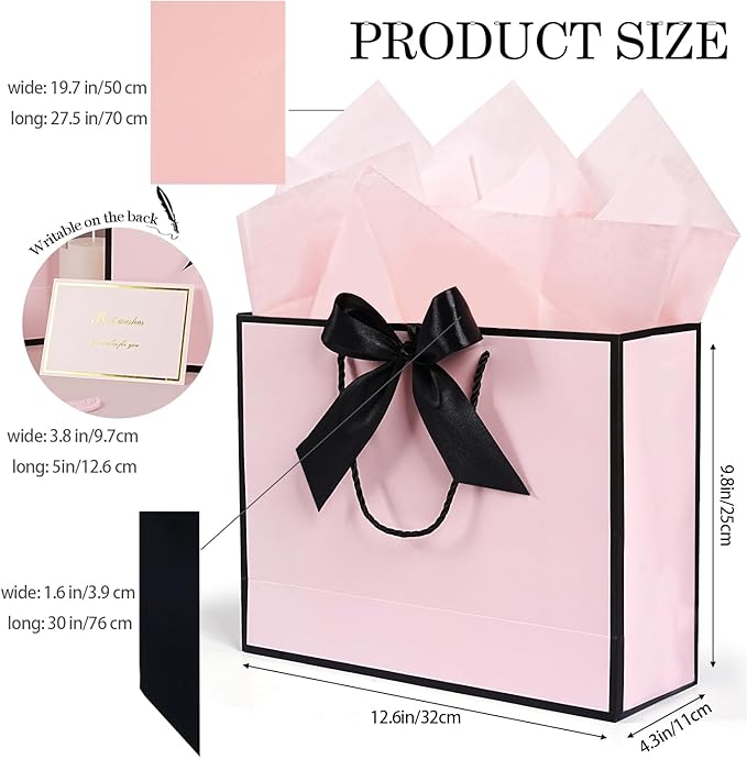Pink Gift Bags 13”, 2 PCS Large Gift Bags with Handles for Girls Women, Portable Gift Bag Set with Tissue Paper Greeting Card and Bow Ribbon, Pink Paper Bags for Birthday Wedding Valentine's Day