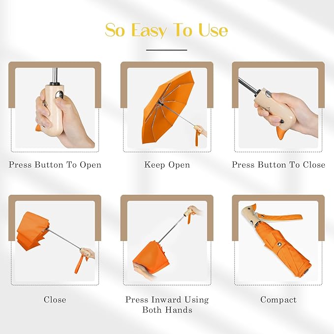 Cute Duck Umbrella Automatic - Compact Pretty Pocket Size Strong Duck Collapsible Umbrella Yellow Wooden Handle for Women