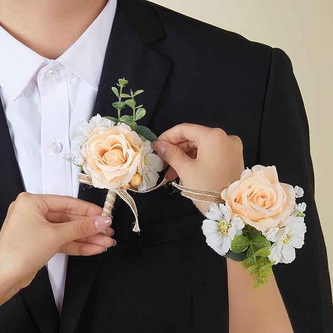 Serwalin Champagne Corsage and Boutonniere Set, Prom Flower Wrist Corsage Bracelets, Homecoming Roses Corsage Wristlet and Men Boutonniere for Wedding Flowers Accessories Prom Suit Decorations