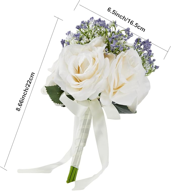 Meldel 6.5 Inch Ivory Bridesmaid Bouquet, Set of 6, Purple Wedding Bouquets for Bridesmaids, Small White Bridesmaids Bouquets