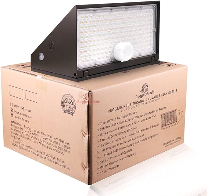RuggedGrade 120W - Tucana III TunableTech Series - 17,200 Lumens - LED Wall Pack Light with Photocell & Motion Sensor - Color Selectable 3000K/4000K/5000K - Outdoor LED Light - DLC 5.1 Premium