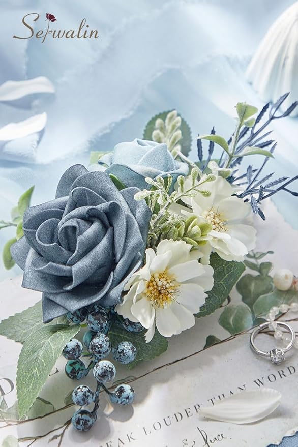 Serwalin 𝗦𝗲𝘁 𝗼𝗳 𝟮 Boutonniere for Men 𝟲-𝟳 𝗜𝗻𝗰𝗵 Corsage with Pins,Groom and Best Man Boutonnieres for Wedding Prom Ceremony Anniversary and Party Cake Topper(Dusty Blue)