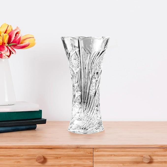 CS Crystal Vase 12-inch high, Sunflower Design, for Flowers & Decor. Lovely Nice Shiny Piece. Perfect as a Gift, Suitable for All Occasions.