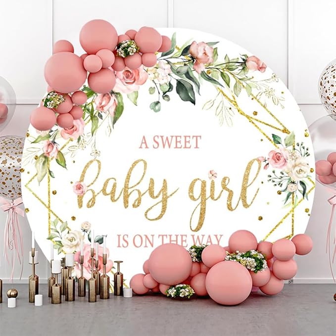Baby Shower Round Backdrop - Pink Floral Girls Circle Background - Baby Shower Party Decor - Banner - Photo Studio Prop