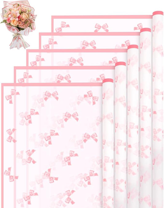 Liobelon 20 Sheets Flower Wrapping Paper Waterproof Bouquet Paper Bow Pattern Pink Gift Wrapping Paper for Flower Shop, Wedding, Birthday Party, Handmade DIY, Anniversary 22.8 x 22.8Inch